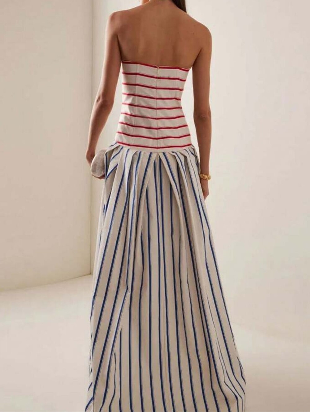 Women Summer Striped Bandeau Contrast Color Maxi Dress, Waist Slimming Backless - Picture 2 of 5